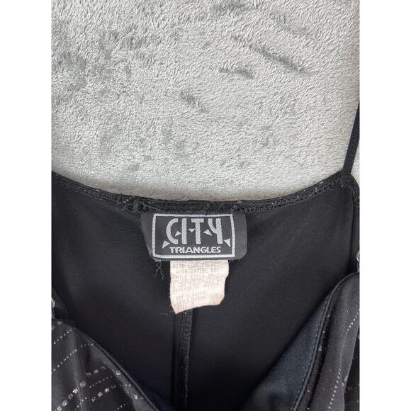 Vintage 90s Y2K City Triangles Stretchy Black Midi Dress Large Tulip Hem Goth - Picture 15 of 16